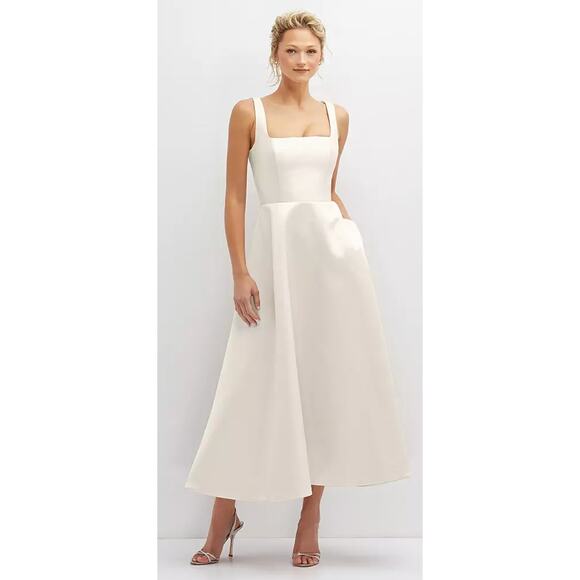 Dessy Collection NWT Square Neck Satin Midi Dress Full Skirt Pockets Formal 14 - Picture 1 of 9